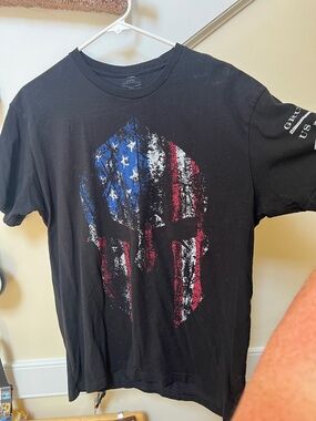 Grunt Style Black T-Shirt with American Flag Spartan Helmet Graphic